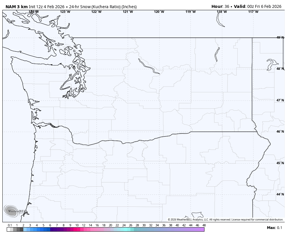 Map of Montana showing 24-hour snowfall in inches as of February 6, 2026, with no measurable snow reported.