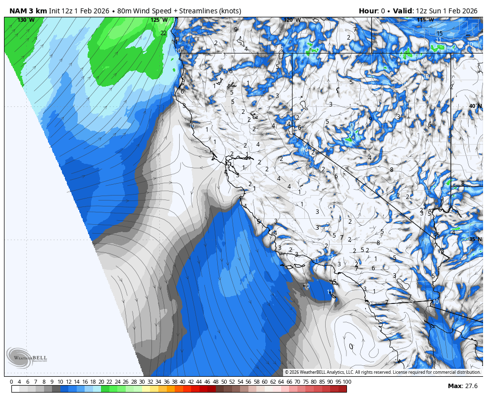 Weather map showing wind speeds, streamlines, and precipitation over California and surrounding areas on February 1, 2026, at 12Z. Wind speeds are depicted using color gradients from light green to dark blue and gray, with streamlines indicating wind flow. Precipitation is shown in blue, with higher intensities in darker shades.