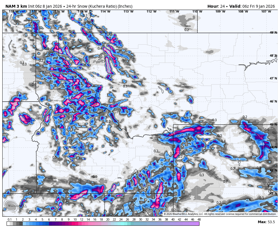 Weather map showing 24-hour snow accumulation across parts of the northwestern United States, with varying intensities indicated by colors from light blue to pink, and details about snow ratios and geographic coordinates.