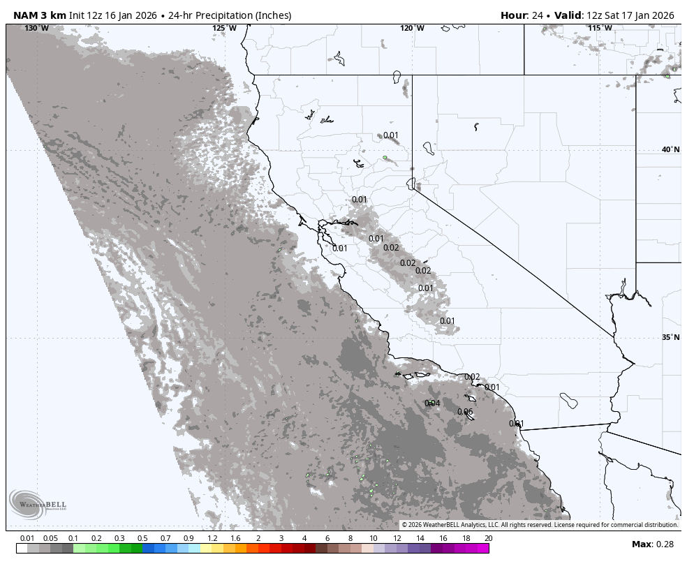 A weather map showing 24-hour precipitation levels in inches across the Pacific Northwest and parts of the western United States. The map indicates light to moderate rainfall, with most areas experiencing between 0.01 and 0.28 inches of precipitation. Mountainous regions in the west are shaded in darker gray, indicating higher precipitation.