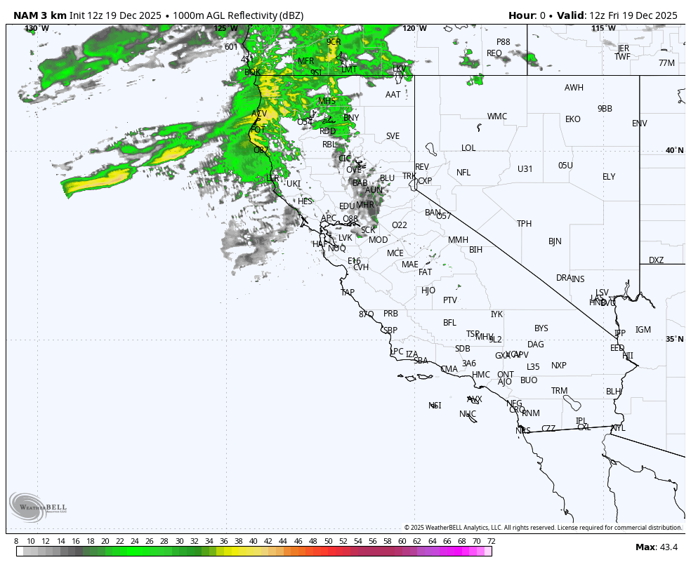 Map of Washington State showing weather radar with areas of precipitation, mainly over the northwest, with green, yellow, and some orange indicating rainfall intensity. The map includes geographical labels, state borders, and a color scale for reflectivity in dBZ.