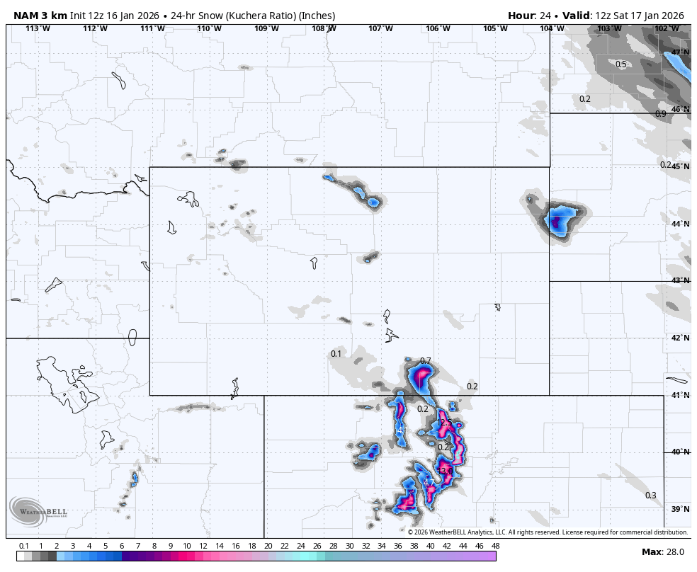 Map showing snow accumulation in inches over a 24-hour period across parts of Utah and nearby states, with blue and pink areas indicating higher snowfall amounts.