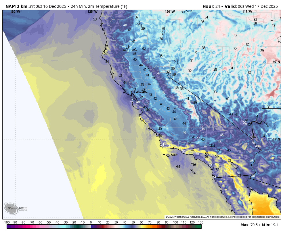 Weather map showing 24-hour minimum temperatures across California and Nevada on December 17, 2025. The map features temperature gradients with colder areas in blue and warmer areas in yellow and red, indicating temperatures ranging from approximately 19.1°F to 70.5°F. Coastal regions and mountainous areas display colder temperatures, especially in northern California and Nevada.