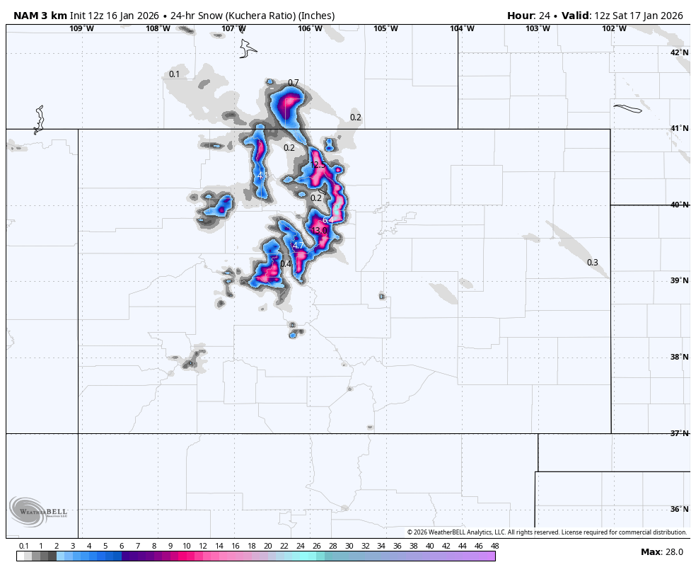 Map showing 24-hour snowfall in inches across Utah and surrounding states, with the heaviest snowfall indicated in pink and blue regions near Salt Lake City, Utah.