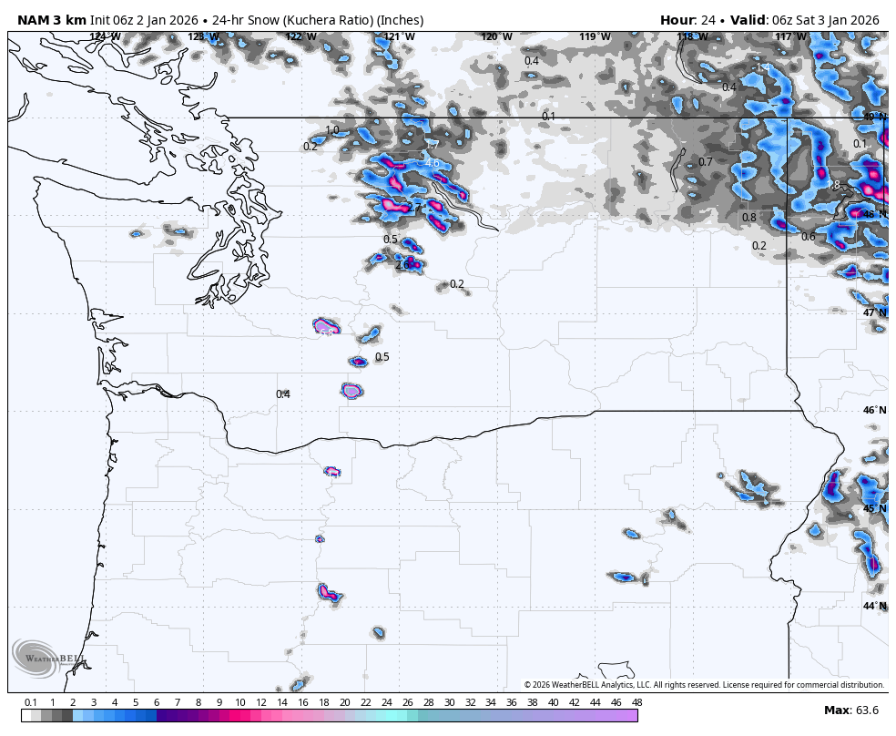 Weather map showing 24-hour snowfall forecast in inches across parts of Washington, Oregon, Idaho, Montana, and Wyoming, with areas of light to moderate snow indicated by color shading.