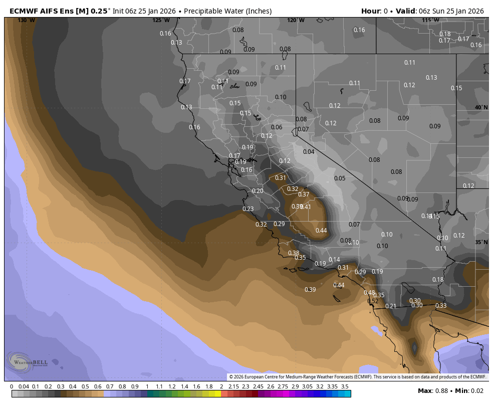 Weather map showing forecasted precipitation water levels in inches across parts of California, including Los Angeles, with darker shades indicating higher levels, and lighter shades indicating lower levels.
