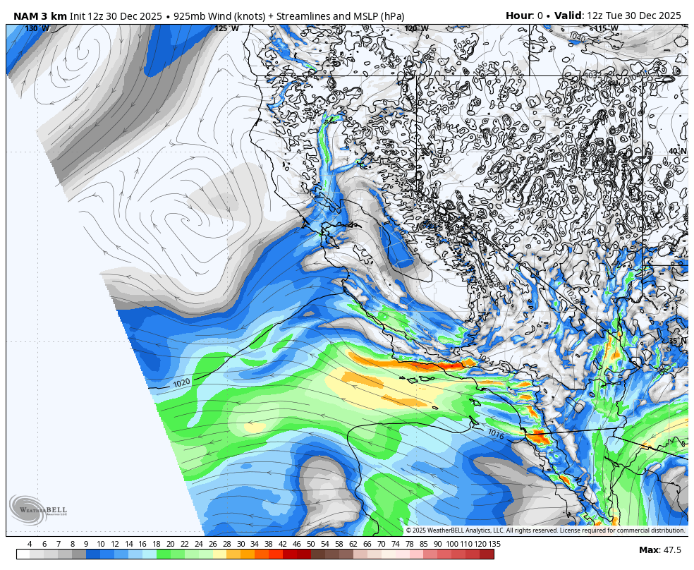 Weather map showing wind speeds and streamlines over a geographical area, with color coding indicating wind speed intensity, and contour lines representing atmospheric pressure in hPa for December 30, 2025.