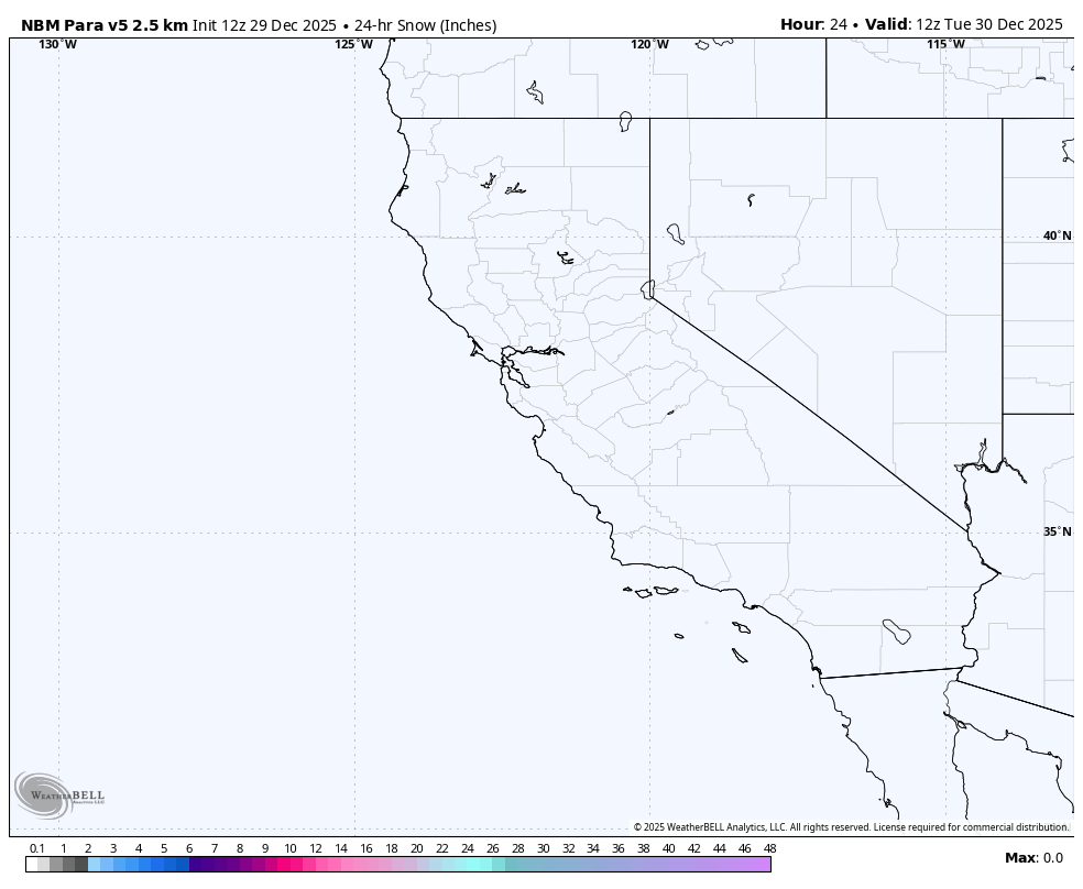 A weather map showing 24-hour snow accumulation in inches over California and surrounding states, with no significant snowfall indicated.
