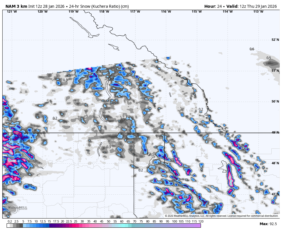 Map showing 24-hour snowfall amounts in centimeters across parts of western Canada, with higher concentrations in the south and western areas, with snow amounts marked in pink and purple.