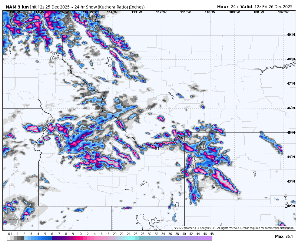 Map showing snow accumulation in inches over a 24-hour period across the northern United States on December 25-26, 2025, with areas of heavy snowfall in pink and purple.
