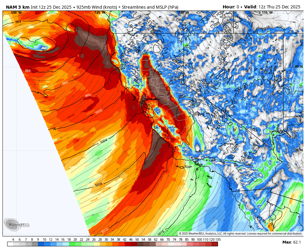 Weather map showing a low-pressure system off the coast with strong winds and storm activity, rain, and cloud coverage across the region, with streamlines, wind speeds, and pressure contours.