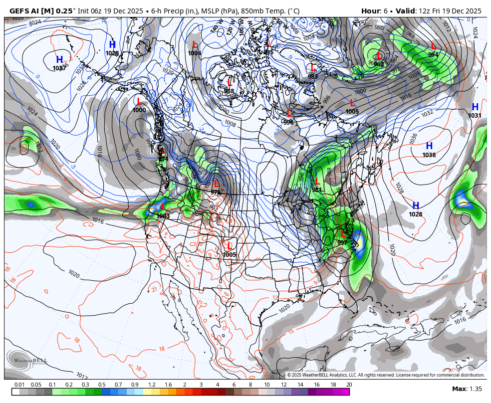 A weather map showing North America with various weather patterns. There are high and low-pressure systems marked with 'H' and 'L'. Green, blue, and gray shading indicate precipitation areas, with a significant storm system in the northeastern US and Canada. Isobars, colored lines, and pressure readings detailed across the continent.