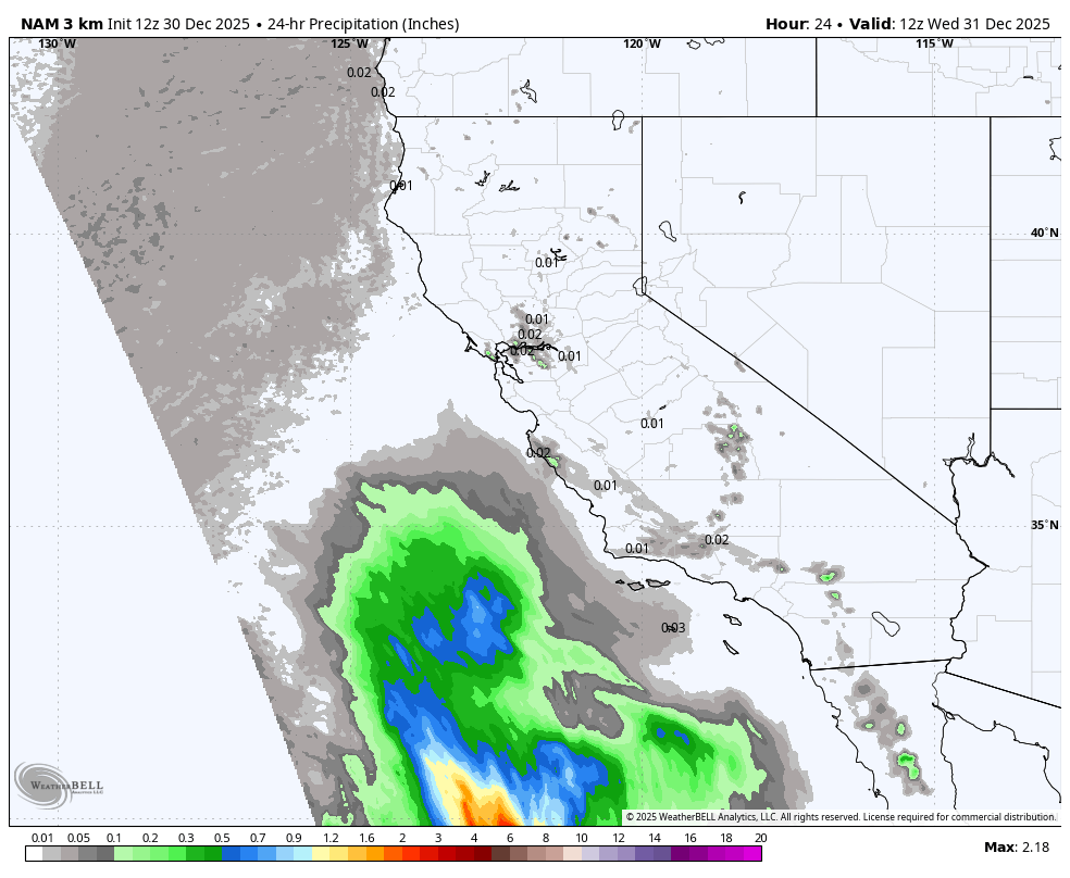 Map showing a weather forecast of rainfall in California, Mexico, and surrounding areas, with a large storm system depicted in green, blue, and yellow indicating varying intensities of precipitation.