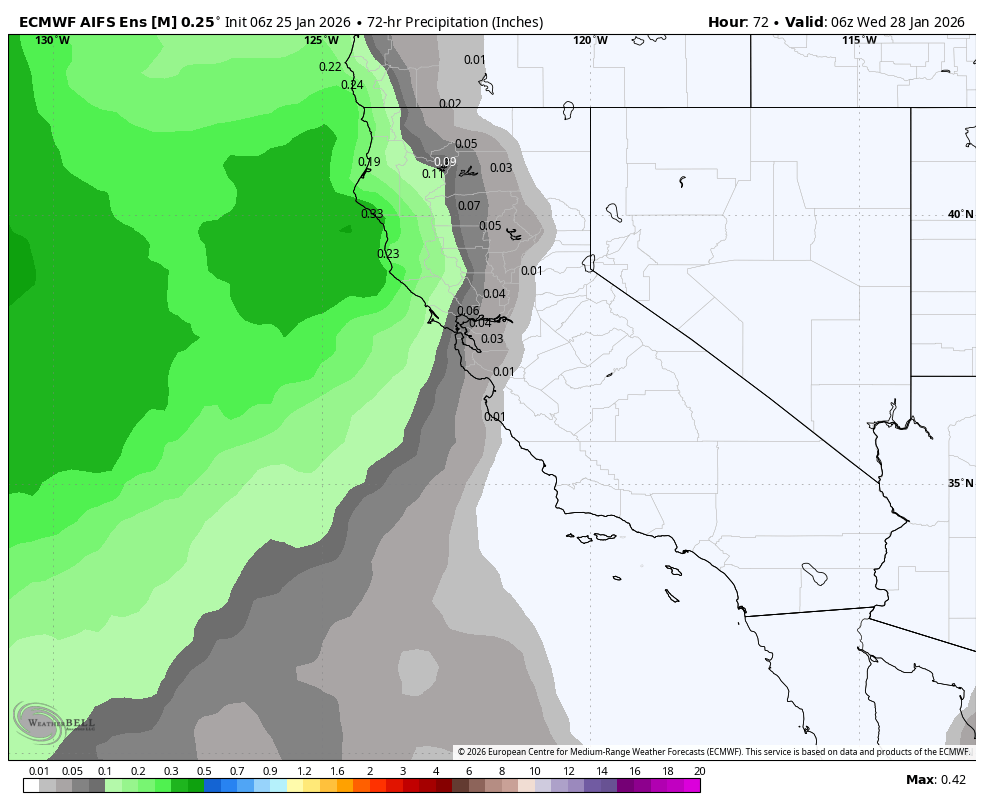 Map showing 72-hour precipitation forecast along the West Coast of the United States, with highest accumulations in coastal areas, represented in shades of green and gray indicating different rainfall levels.