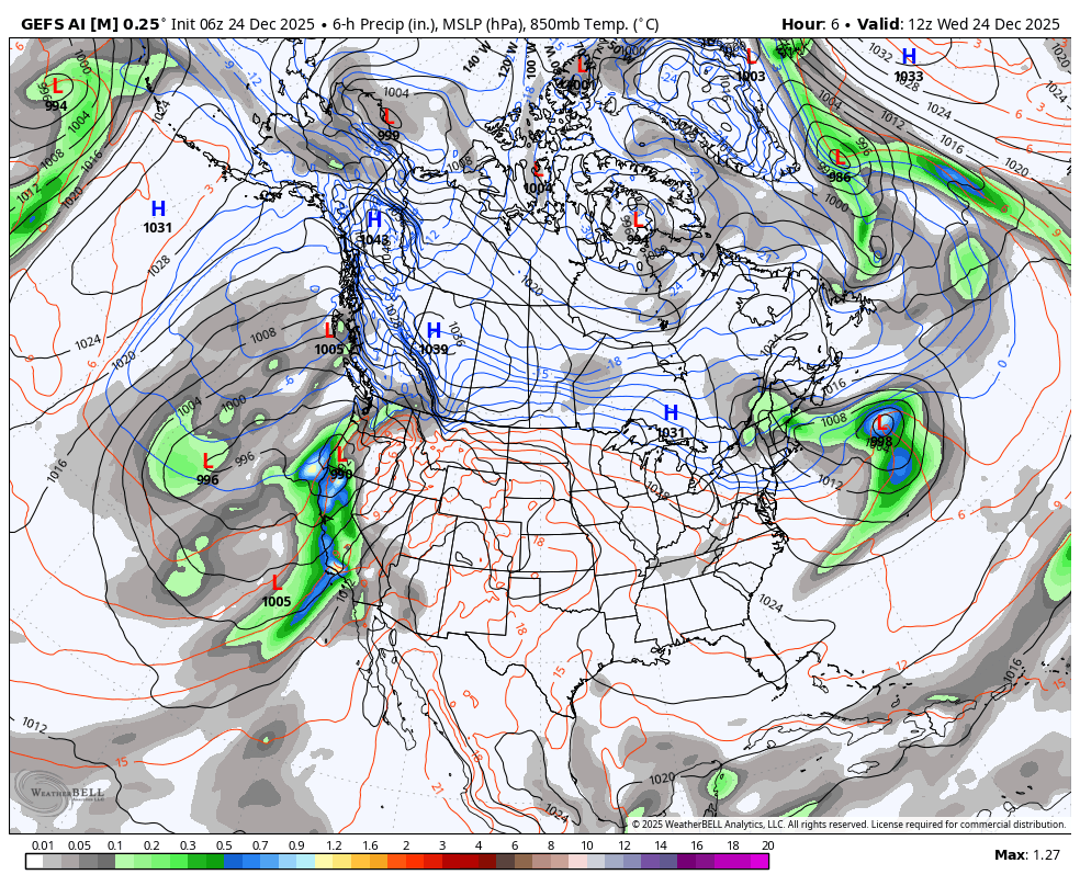 Weather map of the United States showing isobars, pressure systems, precipitation, and temperature. High-pressure systems are marked with blue H and low-pressure systems with red L. Areas of rain and storms are indicated with green, blue, and purple shading. The map includes weather fronts, pressure contours, and specific data points for December 24, 2025.