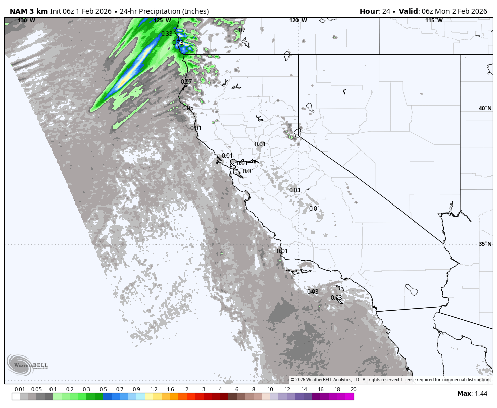 Weather map showing a 24-hour precipitation forecast for California and surrounding states, with a lightning storm approaching northern California from the northwest, and varying rainfall amounts across the region.