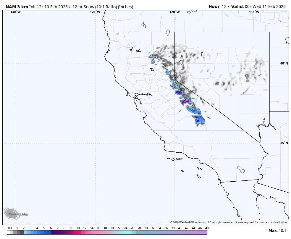 Weather map showing 12-hour snowfall forecast across the western United States, with areas of snow in shades of blue and purple indicating snowfall amounts in inches.