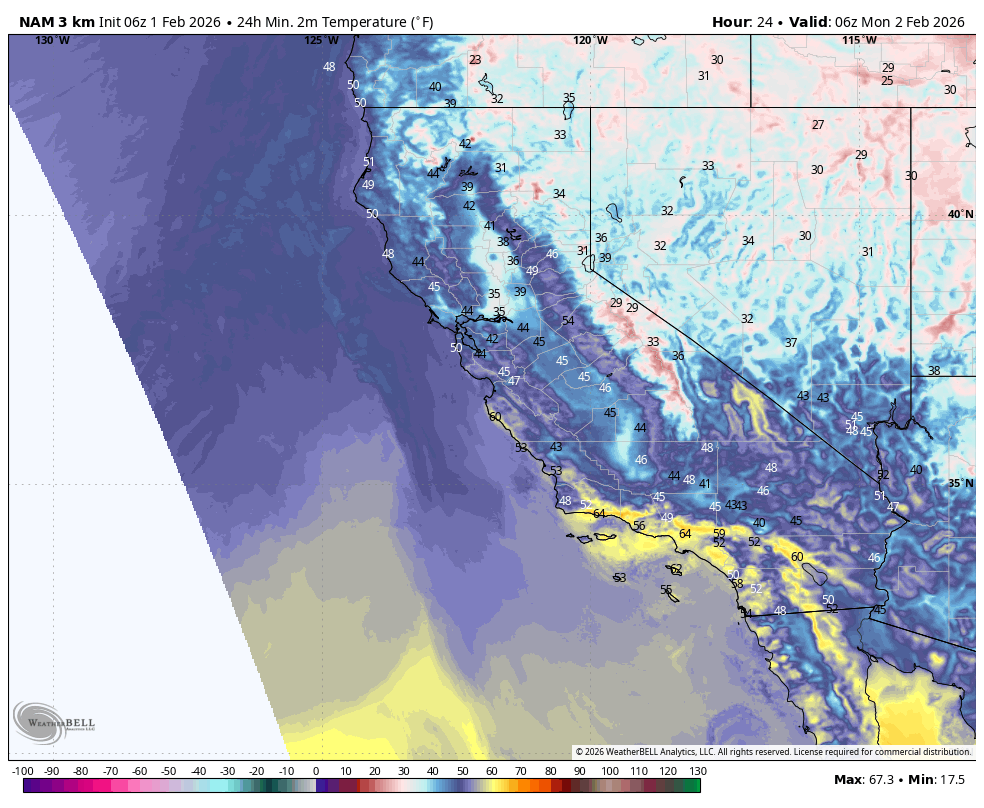 Map showing 24-hour temperature forecast across California and surrounding areas, with temperatures in Fahrenheit indicated by color gradients. Western coastal areas are colder, with temperatures mostly in the 40s, while southern regions show warmer temperatures in the 50s and 60s.