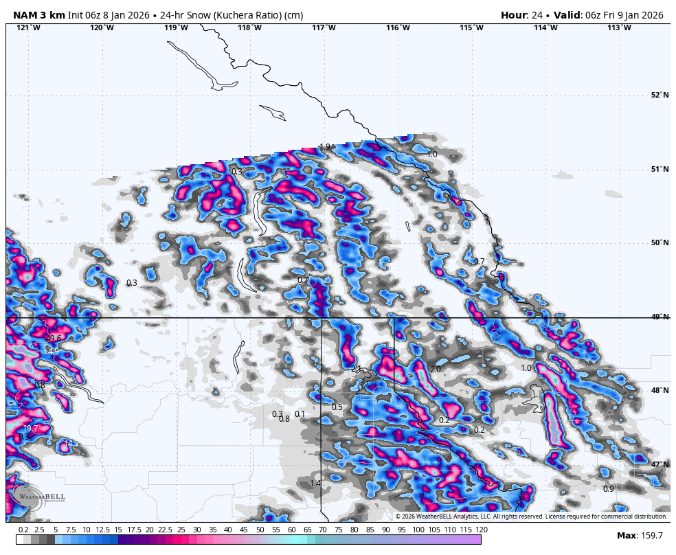 Weather map showing snow accumulation in centimeters across parts of the Pacific Northwest, including Washington and Oregon, for January 9, 2026, at 6 a.m. local time. Varying intensities of snow are depicted with color shading, with the highest accumulation reaching 159.7 cm.
