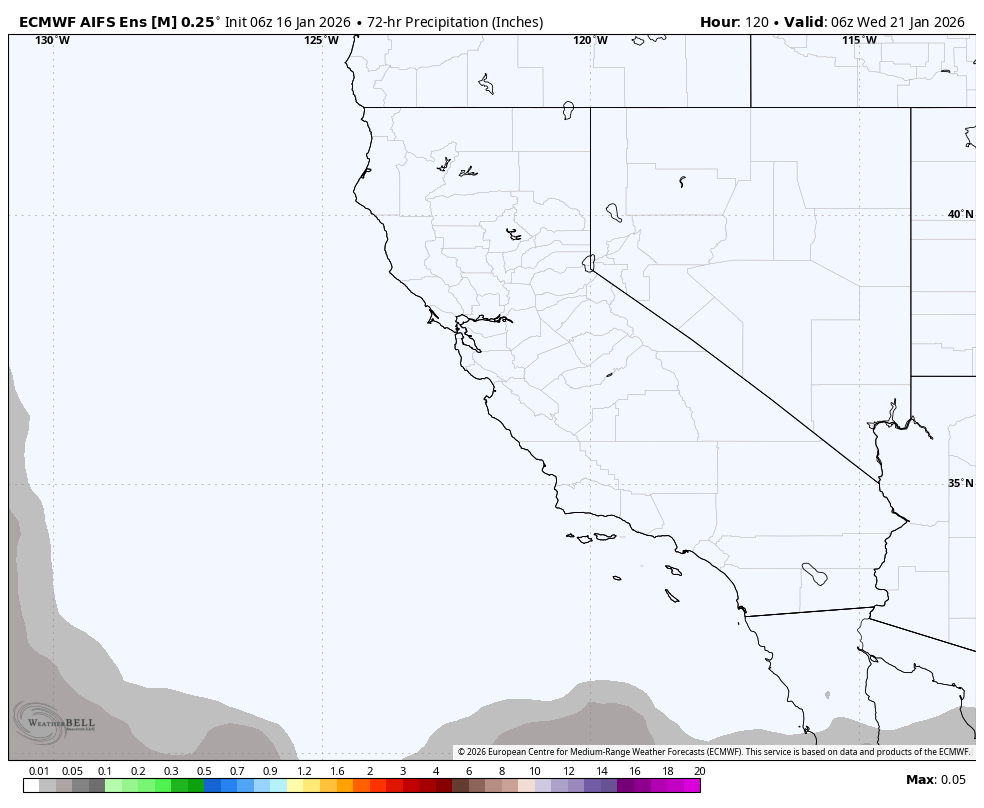 A weather forecast map of California showing 72-hour precipitation levels, with no significant rainfall indicated.