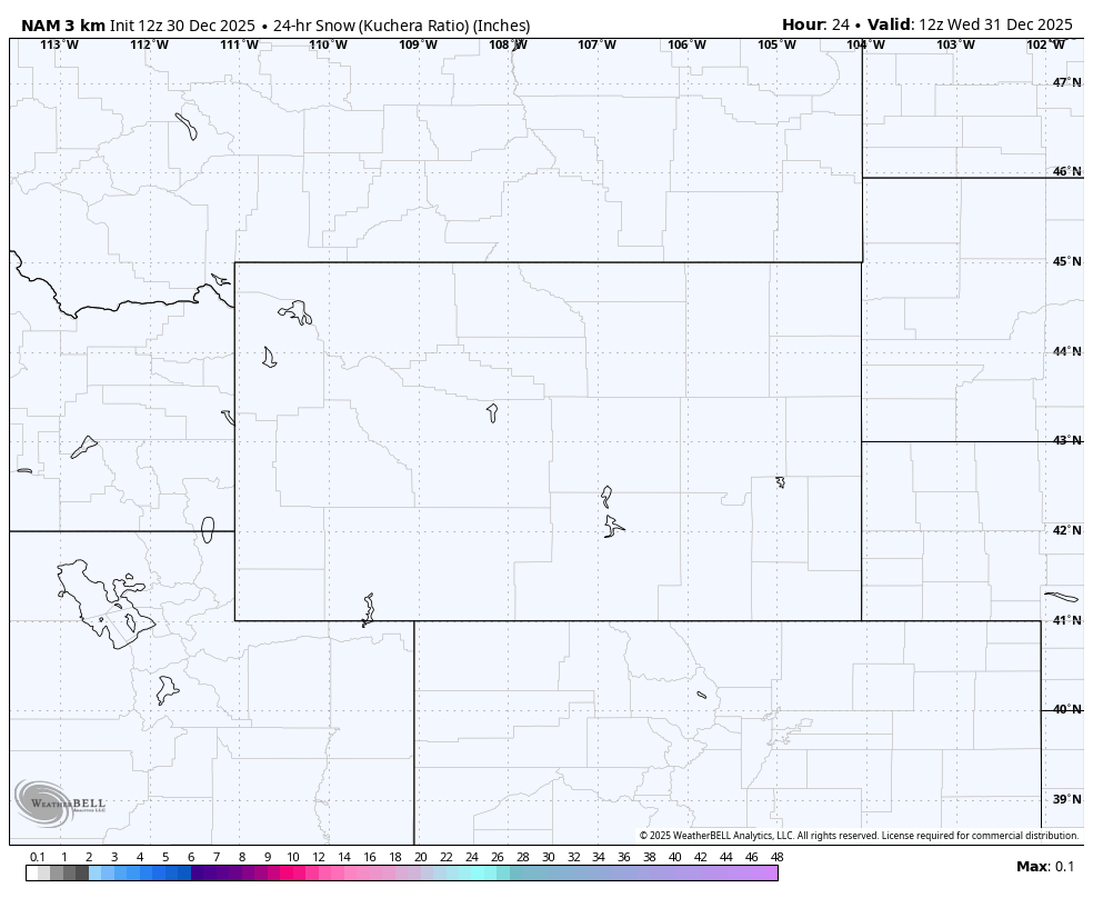 Map showing estimated snow accumulation in inches across parts of the northern United States, including Montana and surrounding states, valid for December 31, 2025.