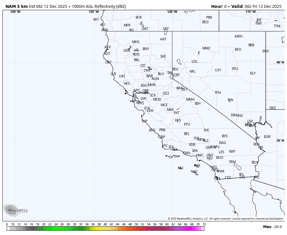 Map showing atmospheric reflectivity (dBZ) over California and surrounding areas at 1000 meters altitude, valid for 06z on December 12, 2025.