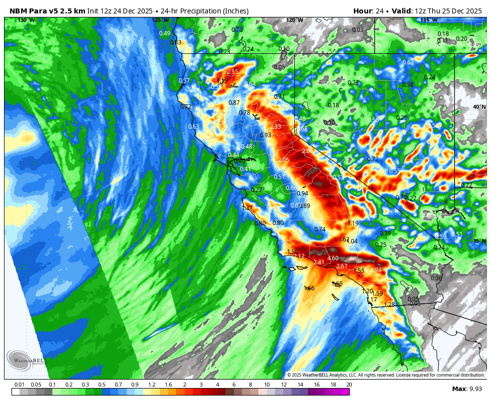 A weather map showing 24-hour precipitation in inches across parts of California, Nevada, and surrounding areas, with color-coded rainfall intensities from light green to dark red indicating increasing rainfall amounts.