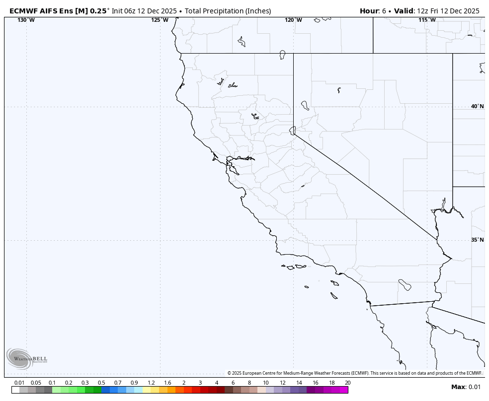 A weather map showing total precipitation in inches across parts of the Western United States, including California, Nevada, and surrounding states, with no significant rainfall indicated.