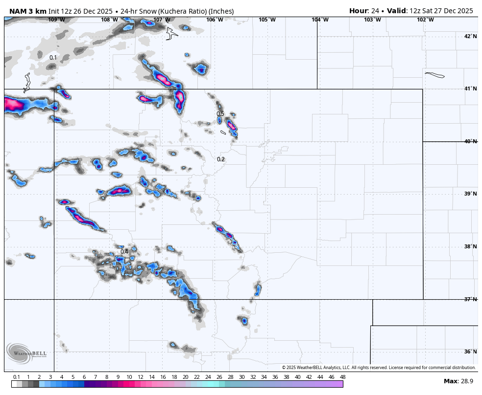 Weather map showing snow accumulation forecast in inches for parts of the United States, particularly in southwestern states, valid for December 27, 2025.