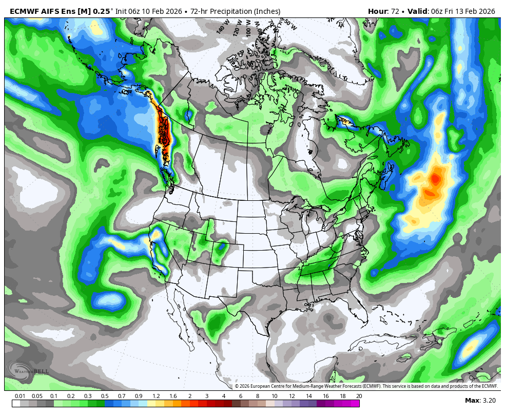 Map showing 72-hour predicted precipitation across the United States and bordering areas, with areas of heavy rainfall indicated in red and orange, lighter rainfall in green and blue, and dry areas in gray.