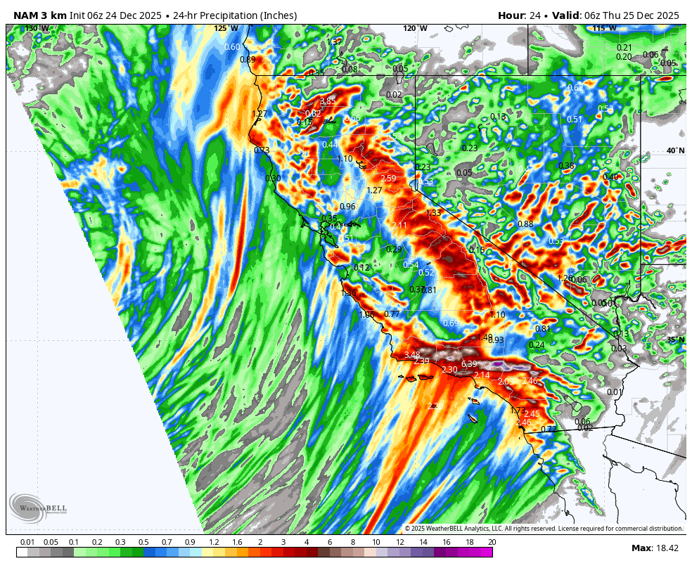 A weather map showing 24-hour precipitation in California and neighboring states, with areas of heavy rainfall in red and orange, lighter rain in green and blue, and varying levels of precipitation in inches.