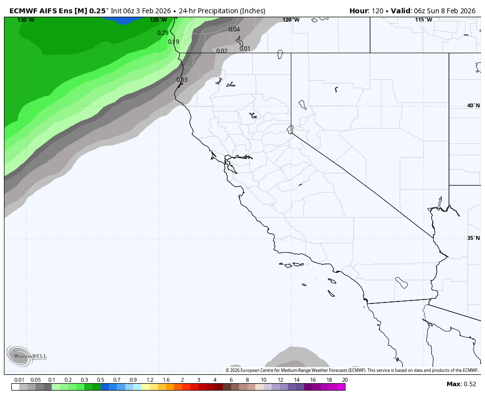 A weather map showing 24-hour precipitation forecast for parts of the Pacific Northwest and California, with the heaviest rainfall approaching from the northwest, represented in shades of green and gray.