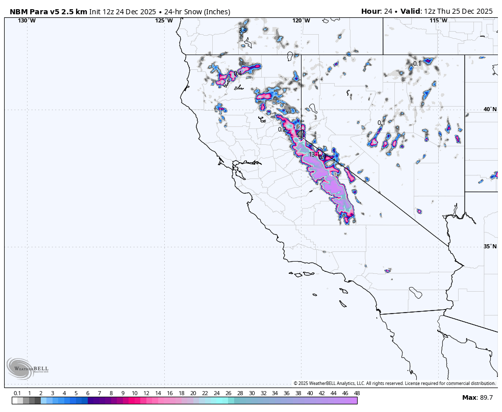 Weather map showing 24-hour snowfall in inches across parts of the western United States, with the most snowfall marked in purple, and a large band of snowfall extending from California through Nevada and Utah.