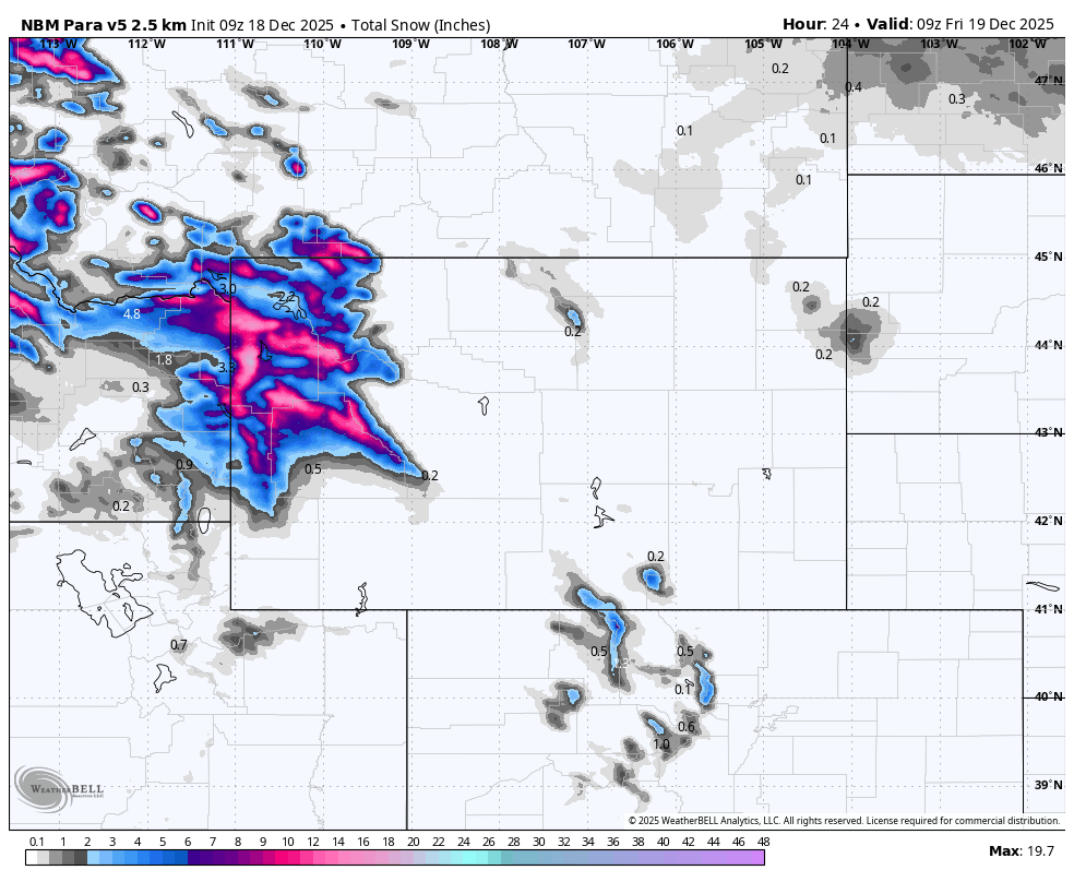 Map showing total snow accumulation in inches across parts of the Pacific Northwest and northern Plains on December 18, 2025, with highest snow totals in western Montana and eastern Idaho.