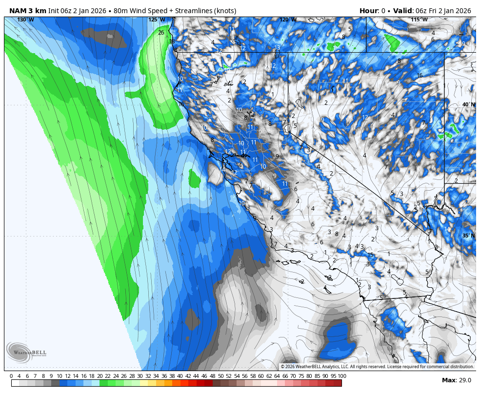 Color-coded map showing wind streamlines, wind speed in knots, and atmospheric data over the west coast of the United States, with areas of higher wind speeds in blue and gray, and lower in white and green. The map includes state boundaries and latitude-longitude lines.