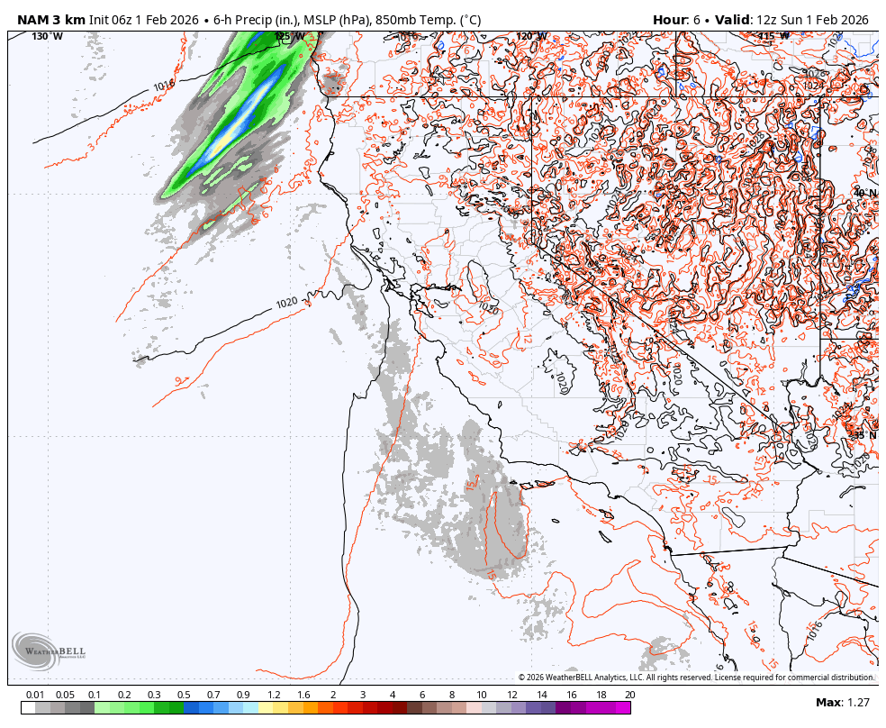 Weather map showing forecasted precipitation, mean sea level pressure, and 850mb temperature for parts of California, Nevada, Utah, Arizona, Colorado, and surrounding states, valid for 12z on February 1, 2026.