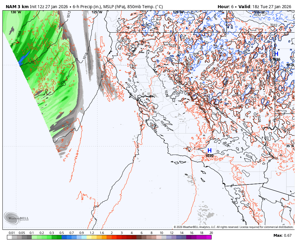 Weather map showing 6-hour precipitation, mean sea level pressure, and 850mb temperature across parts of the United States and western Canada, valid at 6 PM on January 27, 2026.