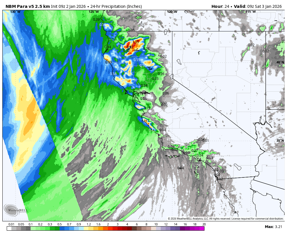 Weather radar map showing precipitation levels over parts of California, Nevada, and surrounding states, with the highest rainfall in red and yellow near the California coast, and lighter rain or drizzle indicated in green and blue over other areas.