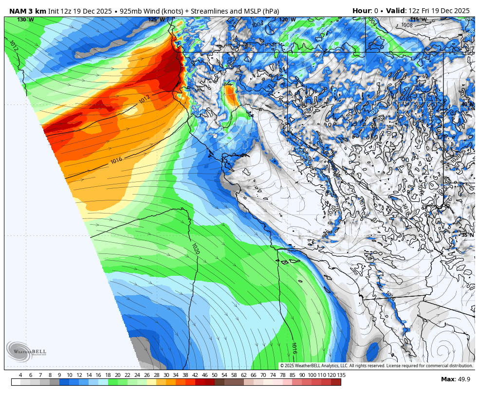 Weather map showing wind patterns, streamlines, and mean sea level pressure over the western United States, with intense weather activity off the coast of California depicted by red and orange colors, indicating high wind speeds and storm systems, valid at 12 UTC on December 19, 2025.