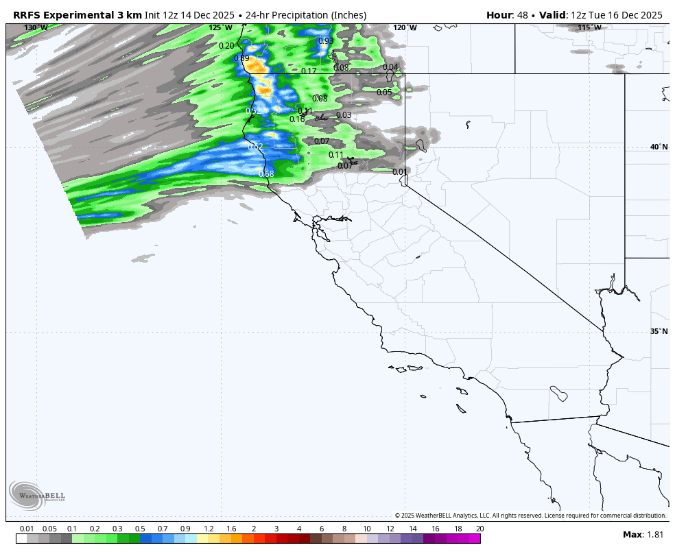 Map showing 24-hour precipitation forecast in inches across the western United States on December 16, 2025. Heavy rainfall indicated in blue and green along the coast, with lighter precipitation inland. The map includes cloud cover and weather data from the WeatherBELL analytics.