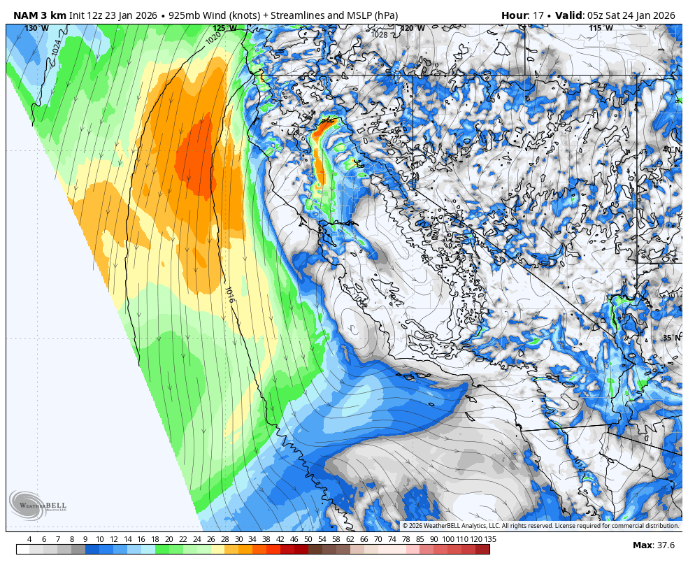 A weather map showing wind speed and streamlines over western North America, with color-coded areas indicating wind speeds ranging from 4 to 37.6 knots, and contour lines representing mean sea level pressure, valid for 05z on January 24, 2026.