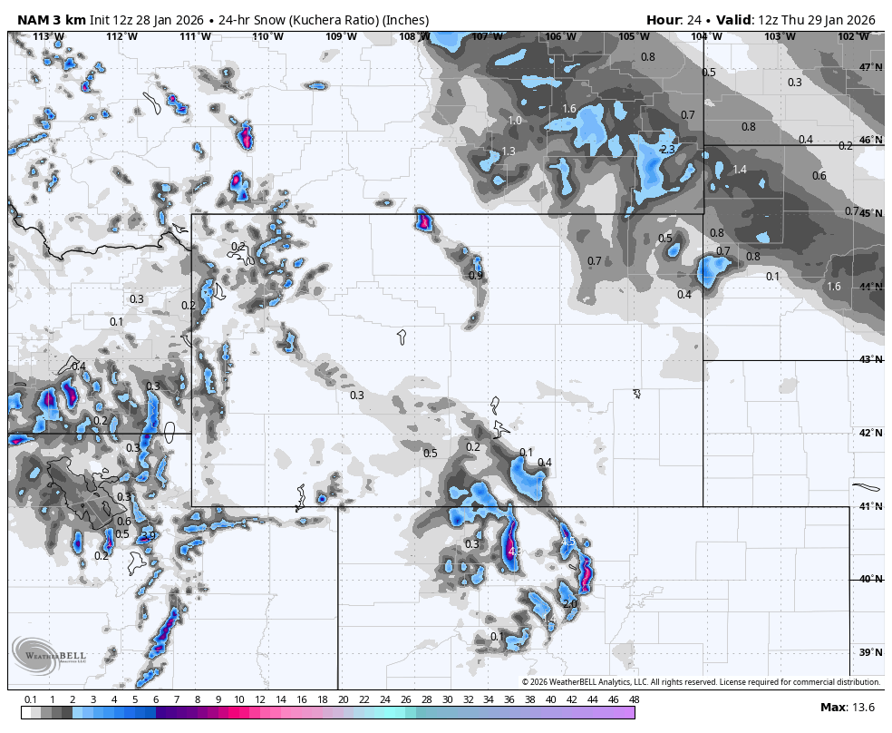 Weather map showing the 24-hour snow accumulation in inches over the northwestern United States, including parts of Washington, Oregon, Idaho, Montana, and western Canada, with varying snowfall amounts indicated by different shades of gray, blue, and purple.