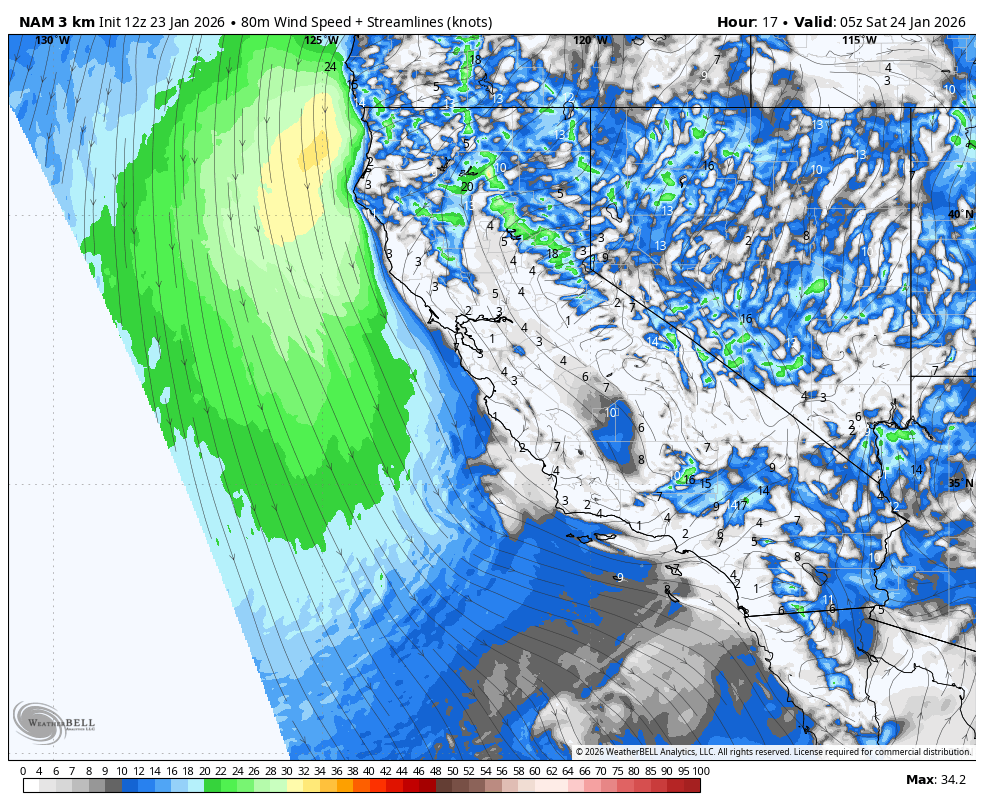 Map showing wind speeds and streamlines over the western United States and Pacific Ocean on January 24, 2026, with varying wind speeds depicted in colors from blue to green and streamlines indicating wind direction.