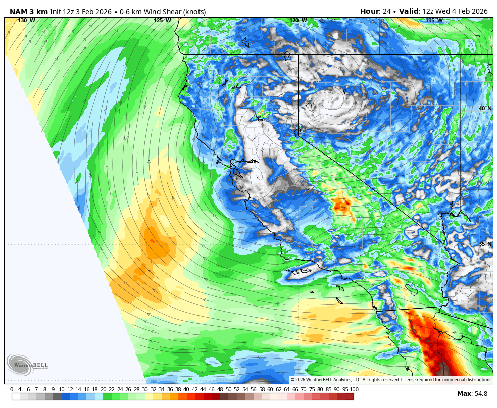 A weather map showing wind shear in knots over the western United States including California, Nevada, and surrounding areas, with a hurricane or cyclone off the coast, indicating strong wind patterns and storm activity.