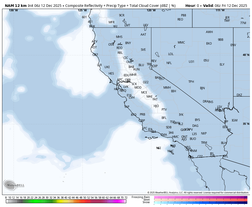 Map of California and surrounding areas showing composite reflectivity, precipitation type, and total cloud cover. The map includes weather station codes and coastlines, with varying shades indicating different levels of precipitation or cloud cover.