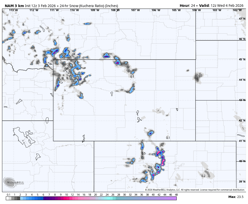 Map showing snow accumulation in inches across parts of Wyoming and nearby states, with areas of higher snowfall in purple and blue, and lighter snow in gray.