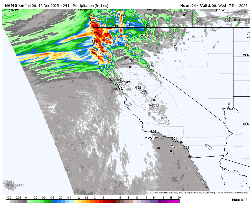 Weather map showing 24-hour precipitation forecast for California and neighboring states, with heavy rain and thunderstorms in northern California, indicated by red and orange colors, and lighter precipitation elsewhere.
