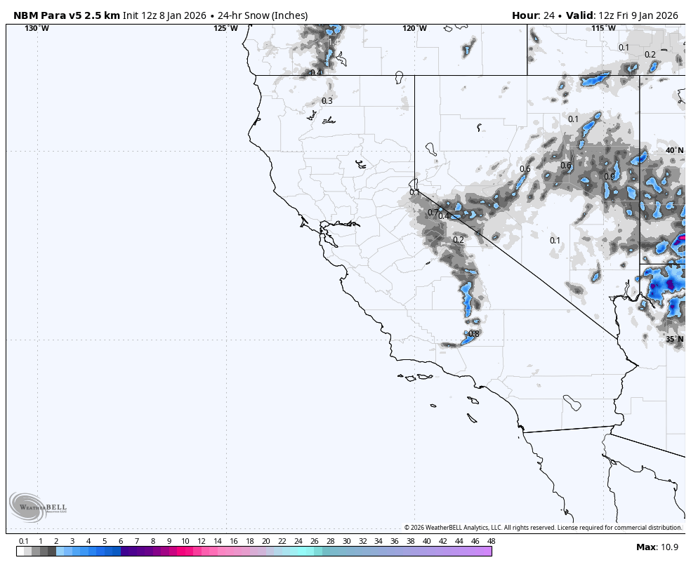 Map showing snow accumulation in California, Nevada, and surrounding states, with varying snow depths indicated by different shades of gray, blue, and purple.