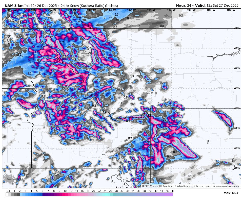 Map showing snow accumulation in inches across parts of the northwestern United States, including Washington, Oregon, Idaho, Montana, and nearby regions, with varying shades of pink and blue indicating different snow depths, and some areas labeled with specific snow measurements in inches.