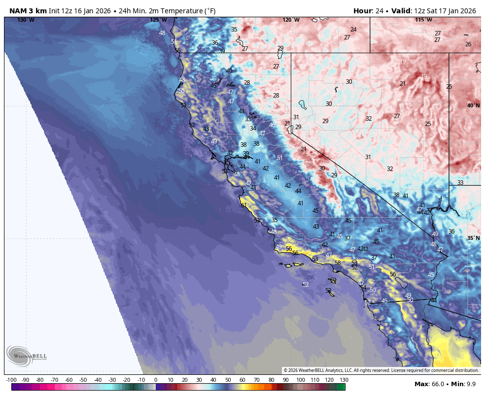 Map showing 24-hour temperature forecast across California and neighboring states on January 17, 2026, with temperatures ranging from near 10°F in some areas to over 60°F in others, color-coded from blue (cold) to yellow (warm), and including elevation contours and state borders.